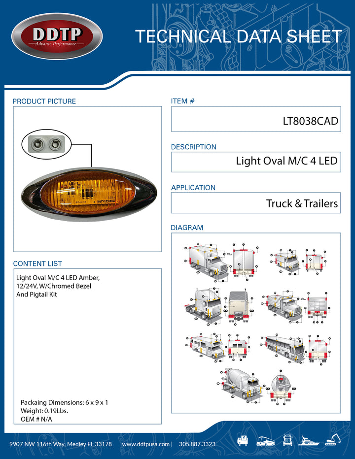 Light Oval M/C 4 LED Amber, 12/24V, W/Chromed Bezel And Pigtail Kit
