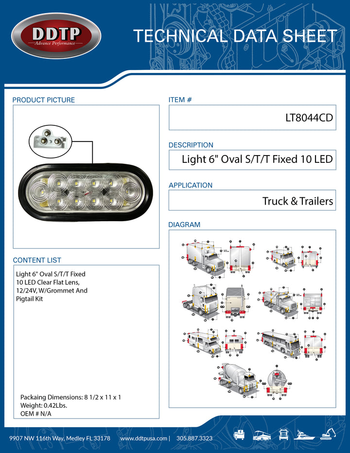 Light 6" Oval S/T/T Fixed 10 LED Clear Flat Lens, 12/24V, W/Grommet And Pigtail Kit