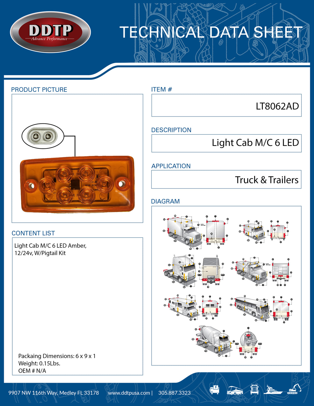 Light Cab M/C 6 LED Amber, 12/24v, W/Pigtail Kitit