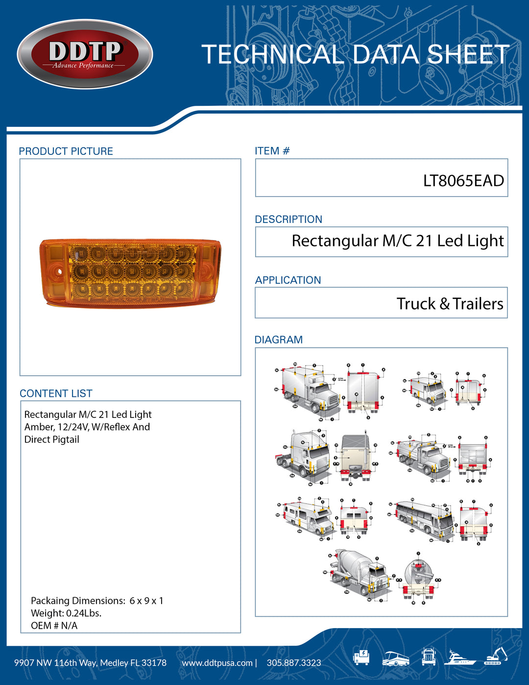 Rectangular M/C 21 Led Light Amber, 12/24V, W/Reflex And Direct Pigtail