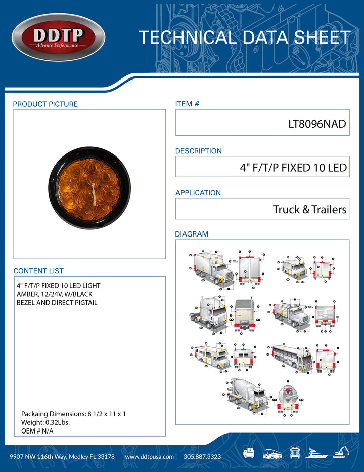 Light 4" F/T/P Fixed 10 LED Amber, 12/24V, Black Bezel And Direct Pigtail