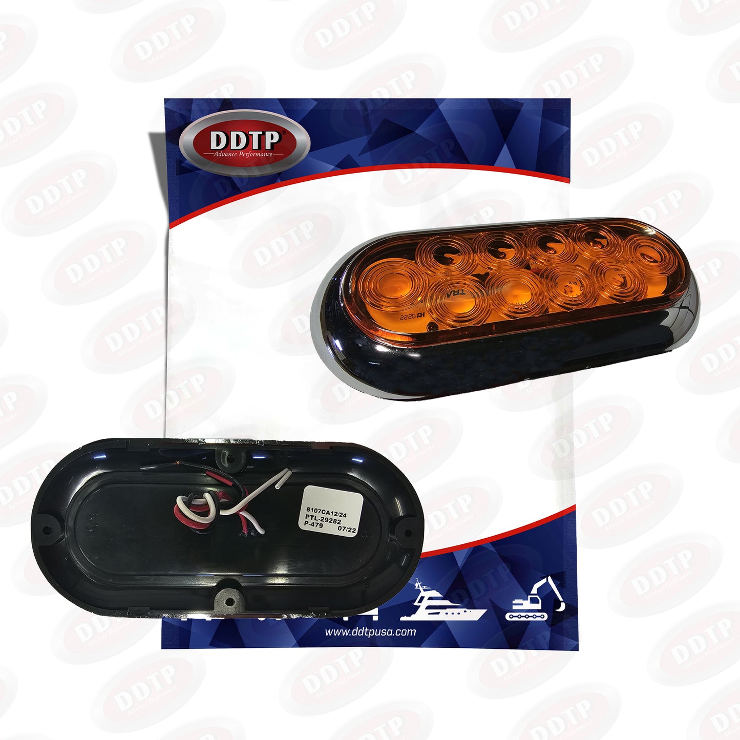 Light 6" Oval F/P/T Fixed 10 LED Amber, Surface Mount, 12/24v, W/Chromed Bezel And Direct Pigtail