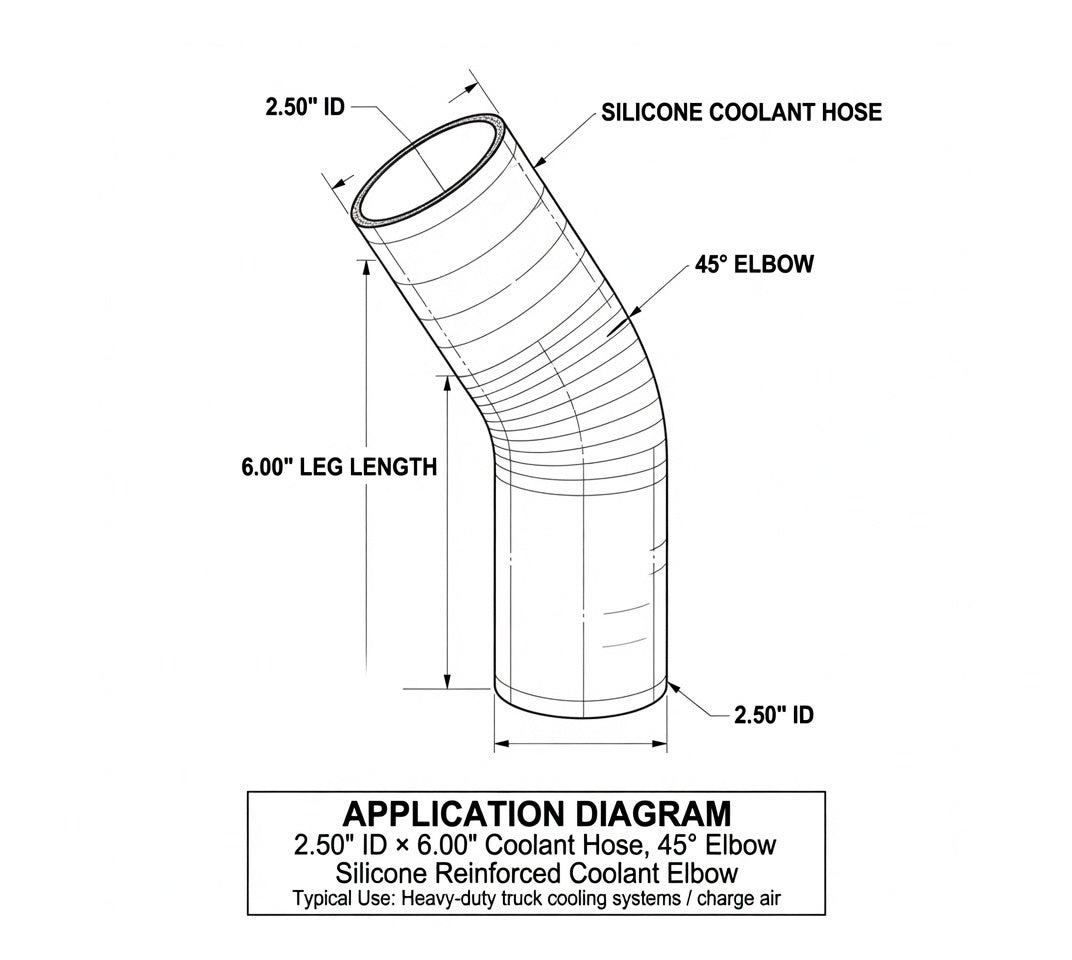 2.50" ID x 6" Long Silicone Coolant Hose, 45 Degree Elbow (HS250X6HD/45D)