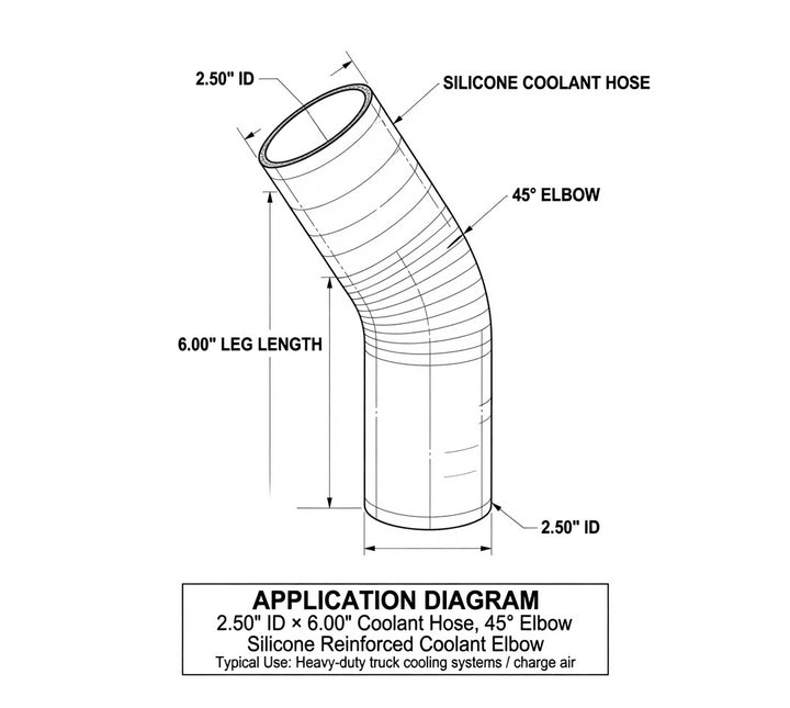 2.50" ID x 6" Long Silicone Coolant Hose, 45 Degree Elbow (HS250X6HD/45D)