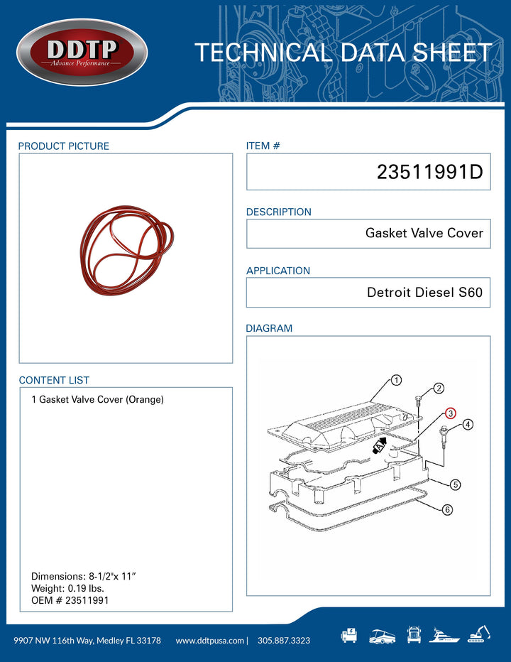 Gasket Valve Cover for Detroit Diesel Engine Series 60 12.7L and 14L ( 23511991 )